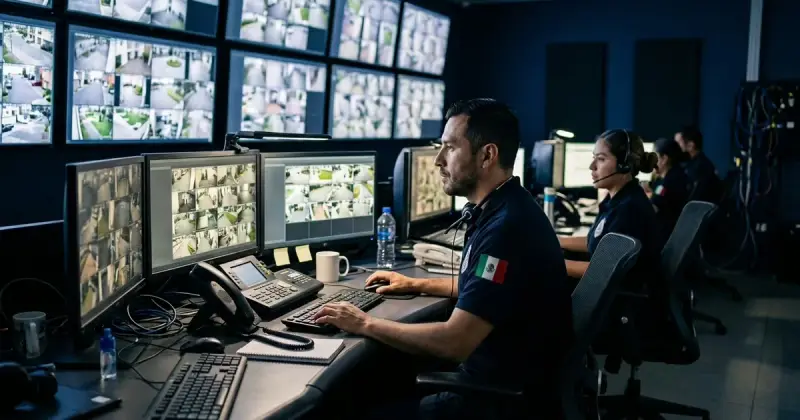 Equipo de seguridad revisando monitores y accesos de un inmueble
