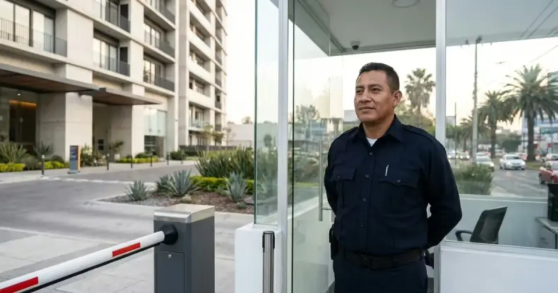 Guardia de seguridad privada junto a la pluma de acceso vehicular de un edificio