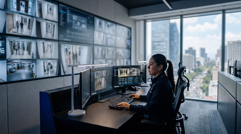 Operadora de monitoreo en un corporativo con vista a la Ciudad de México