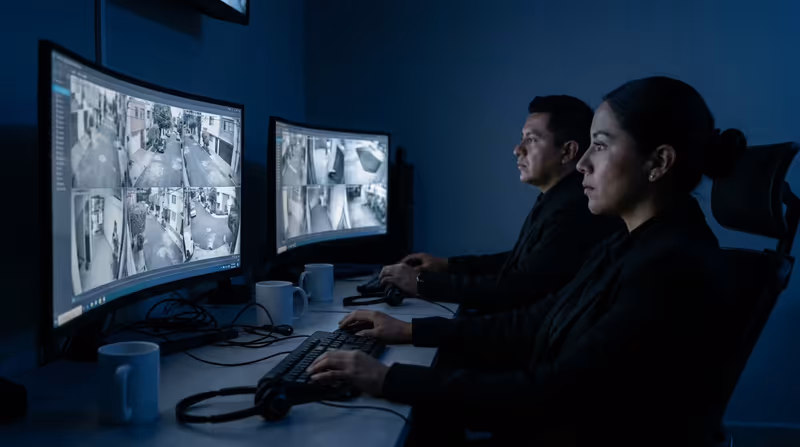 Monitorista revisando videovigilancia en un centro de control