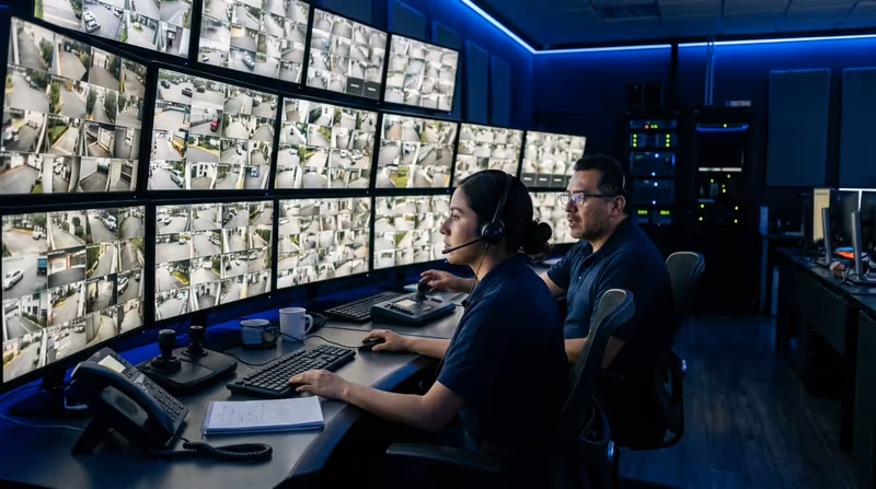 Operadores de la central de monitoreo frente a los videowalls de cámaras