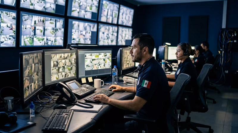 Centro de monitoreo CCTV de seguridad privada con operadores 24/7