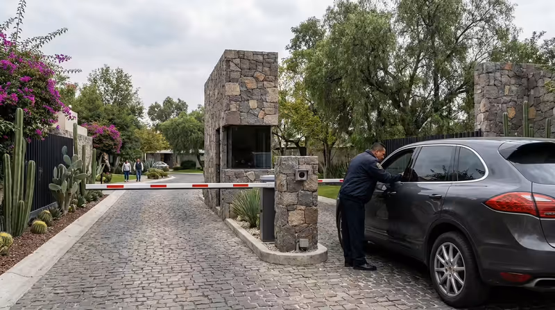 Guardia validando un vehículo en el acceso del predio