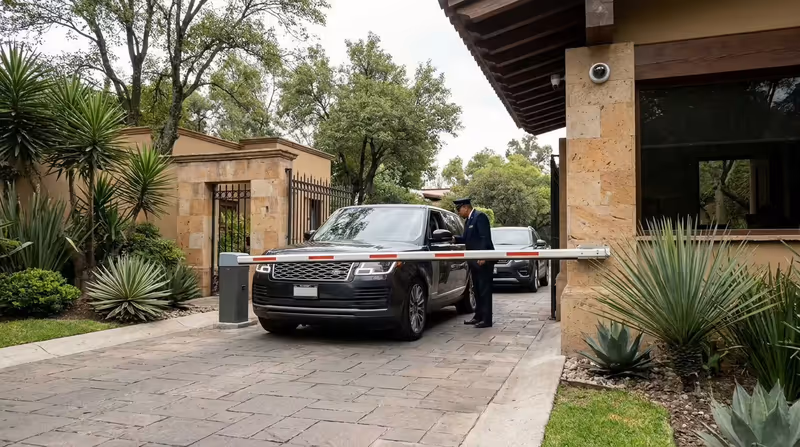 Guardia revisando el acceso vehicular en la caseta de una instalación