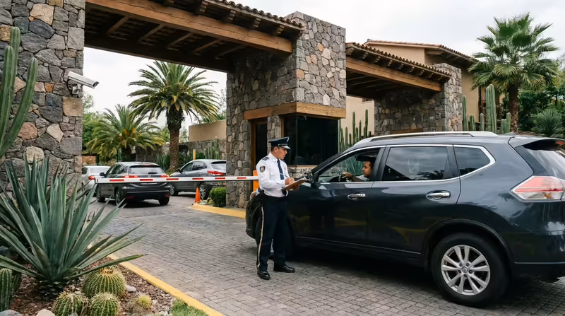 Guardia validando el acceso vehicular en la pluma de entrada