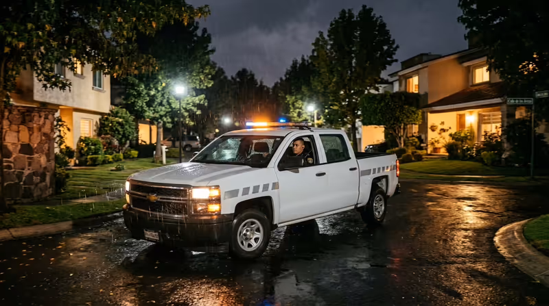Camioneta de patrullaje de seguridad privada en recorrido nocturno