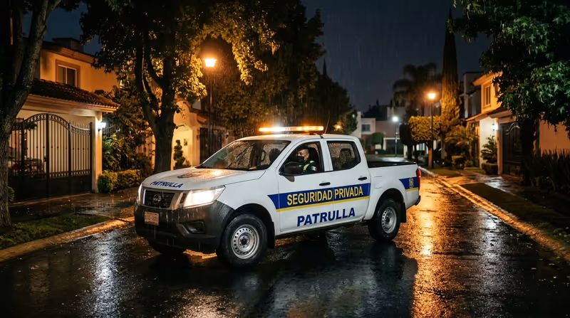 Unidad de patrulla de seguridad privada en recorrido nocturno