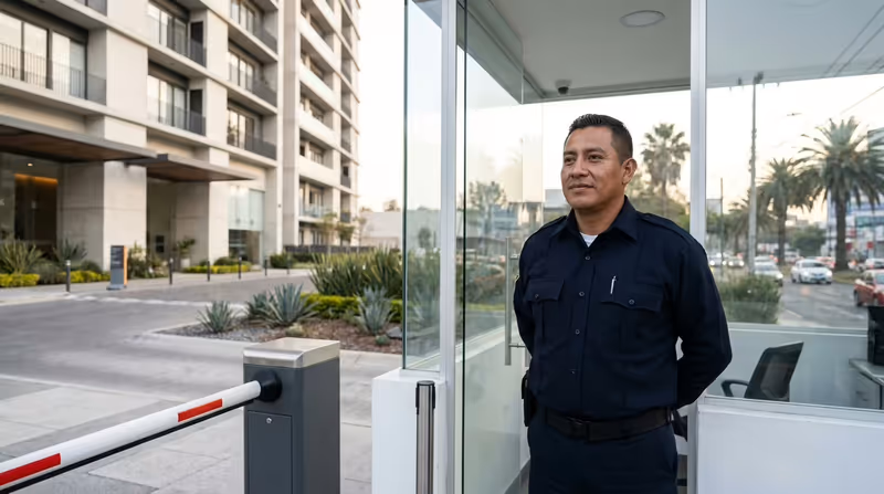 Guardia de seguridad privada en la caseta de acceso con pluma vehicular