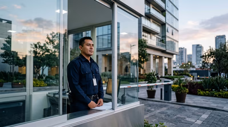Guardia en el acceso de una torre de oficinas