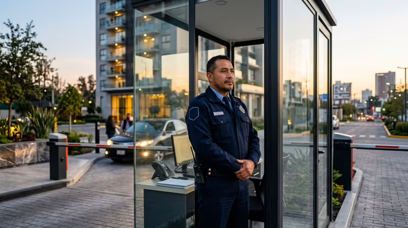 Guardia de seguridad en el acceso de un edificio corporativo