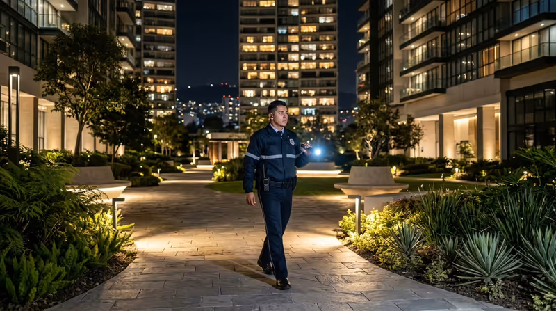 Guardia en recorrido nocturno atento al perímetro